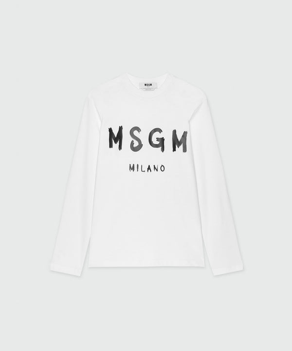 White jersey T-shirt with black brushstroke logo