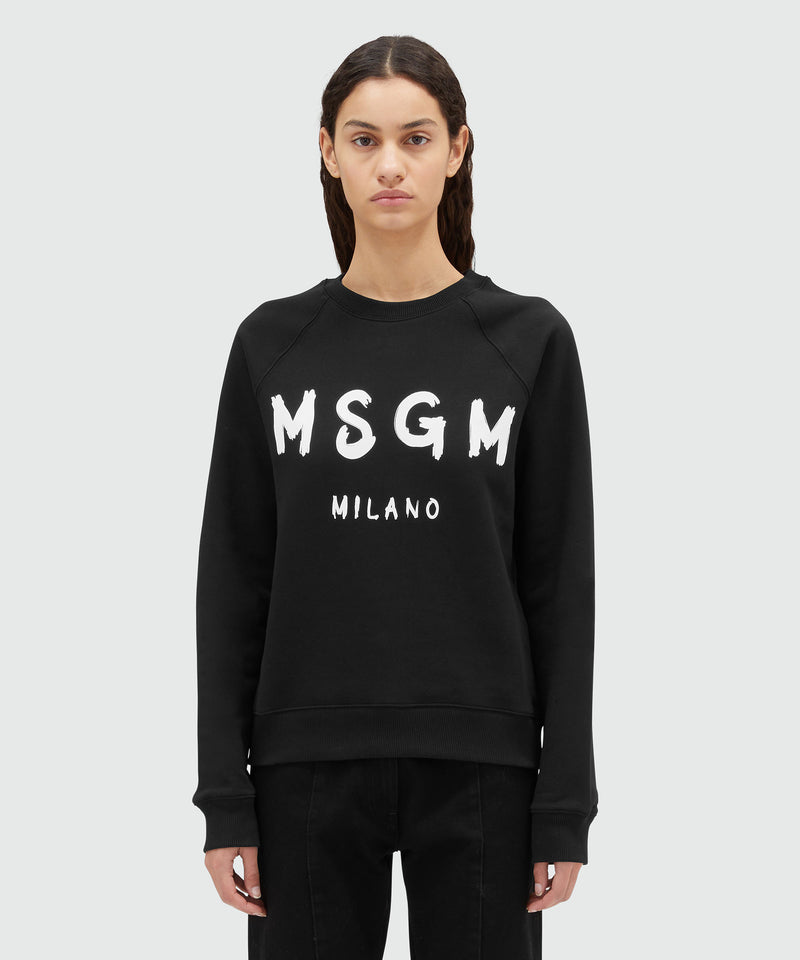 Crew neck cotton sweatshirt with a brushed logo BLACK Women 