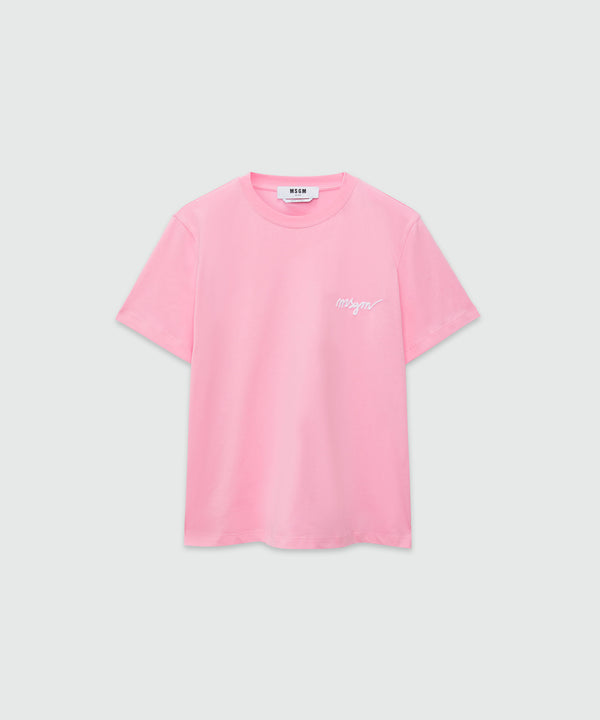 T-Shirt in jersey rosa con logo corsivo ricamato