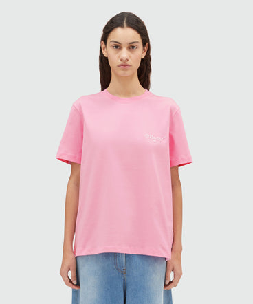 Pink jersey T-shirt with embroidered cursive logo