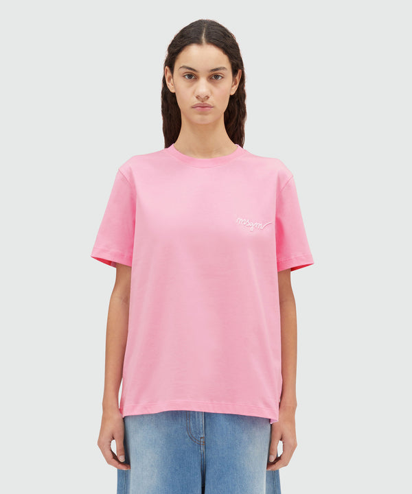 T-Shirt in jersey rosa con logo corsivo ricamato