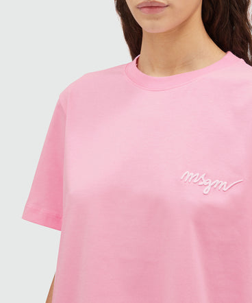 Pink jersey T-shirt with embroidered cursive logo