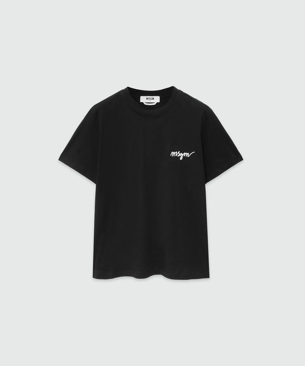 Black jersey T-shirt with embroidered cursive logo