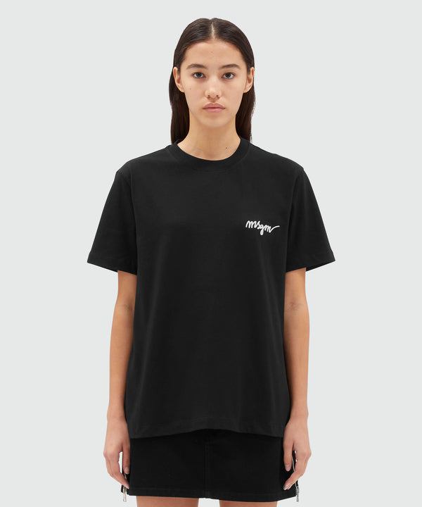 Black jersey T-shirt with embroidered cursive logo