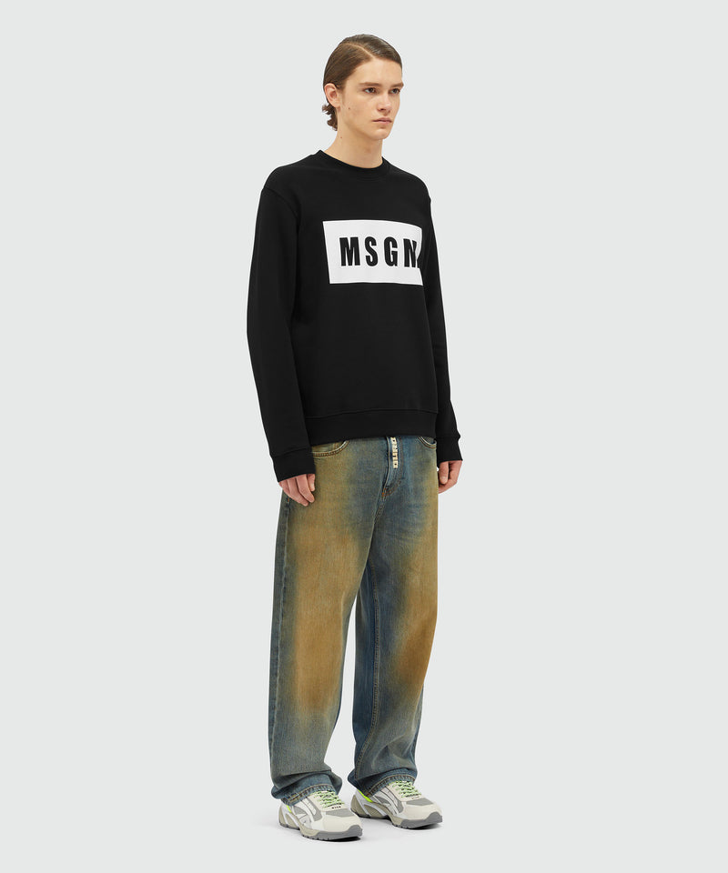 Felpa in cotone tinta unita con box logo NERO Uomo 