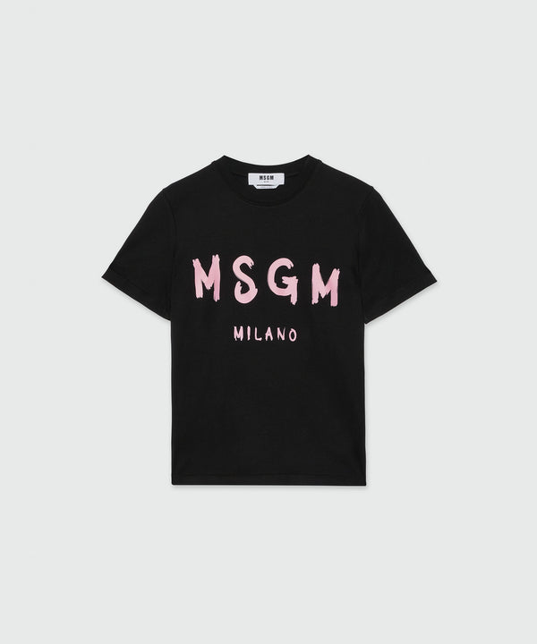 Black jersey T-shirt with pink brushstroke logo