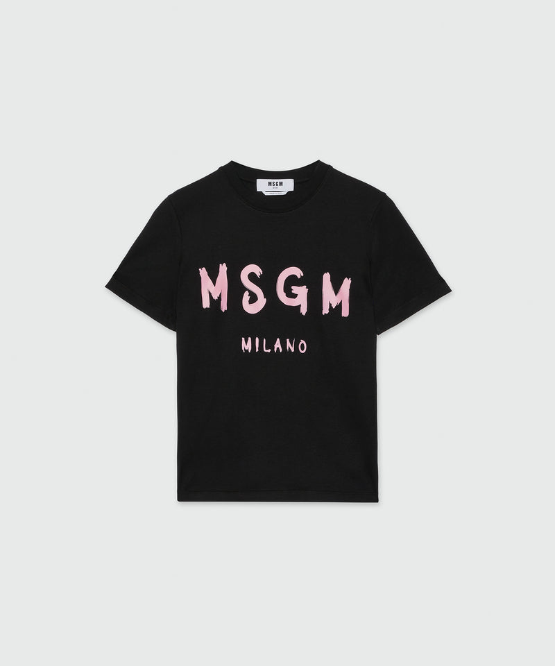 Black jersey T-shirt with pink brushstroke logo BLACK Women 