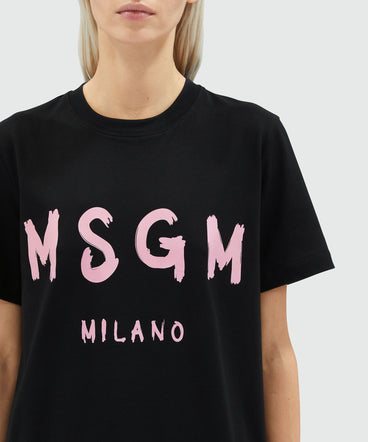 Black jersey T-shirt with pink brushstroke logo