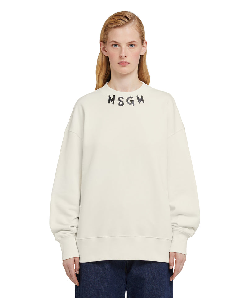 Felpa girocollo in cotone con logo pennellato MSGM posizionato sul collo BIANCO SPENTO Uomo 