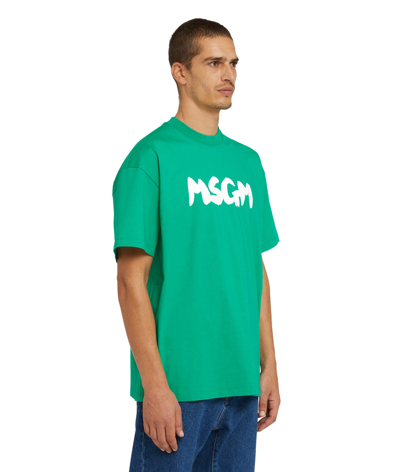 Cotton crewneck t-shirt with new MSGM brushstroke logo PEPPER GREEN Men 