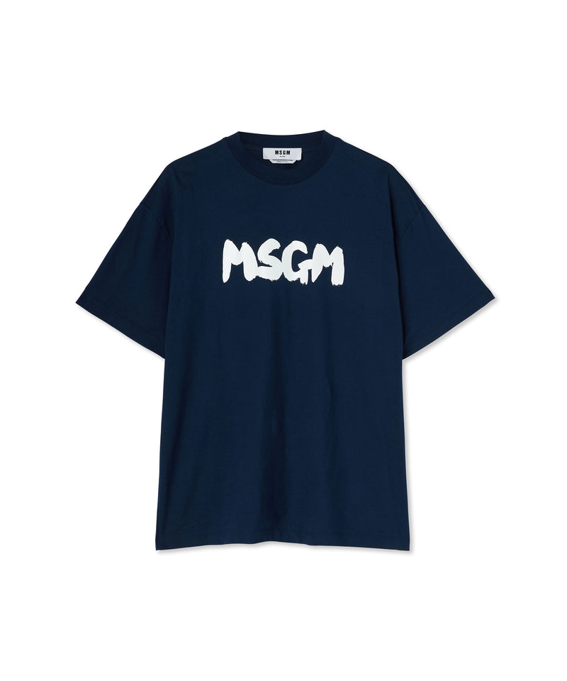 Cotton crewneck t-shirt with new MSGM brushstroke logo BLUE Men 