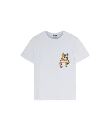 T-shirt girocollo in cotone con grafica "Cat on pocket"