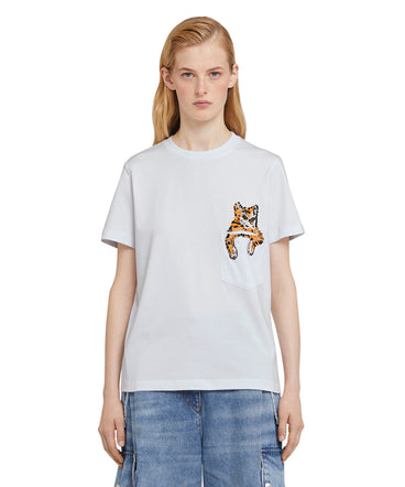 Cotton crewneck t-shirt with "Cat on pocket" print