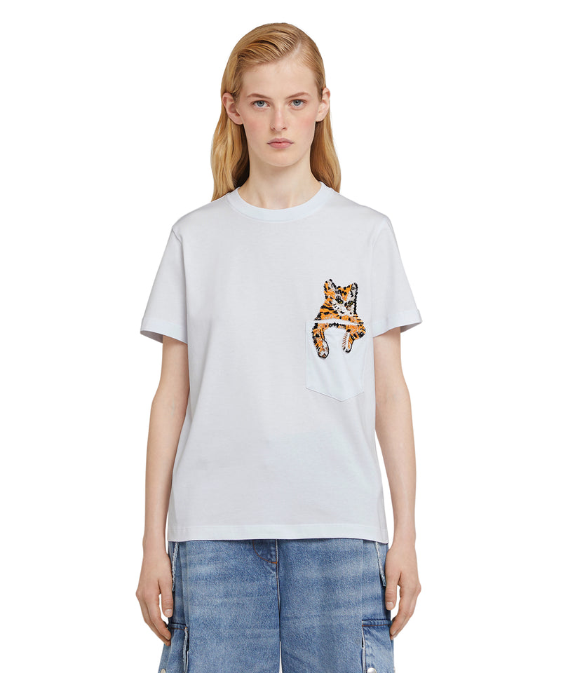 T-shirt girocollo in cotone con grafica "Cat on pocket" BIANCO Donna 