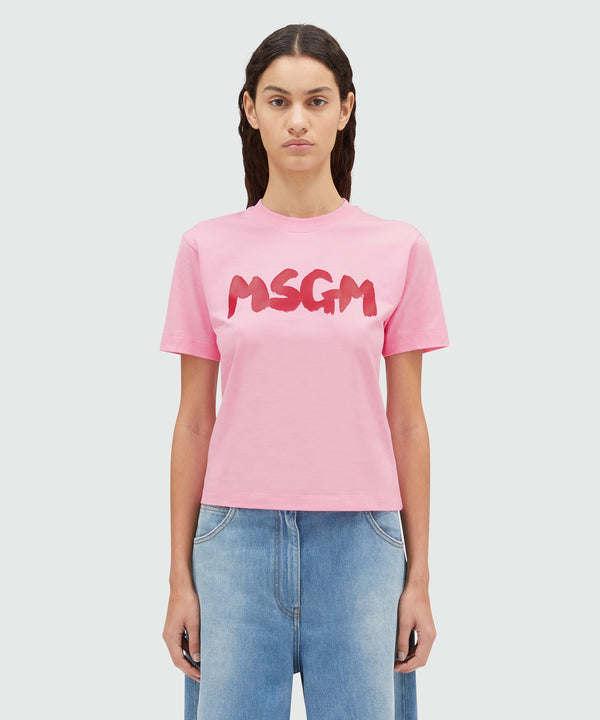 T-shirt girocollo in cotone con nuovo logo MSGM pennellato