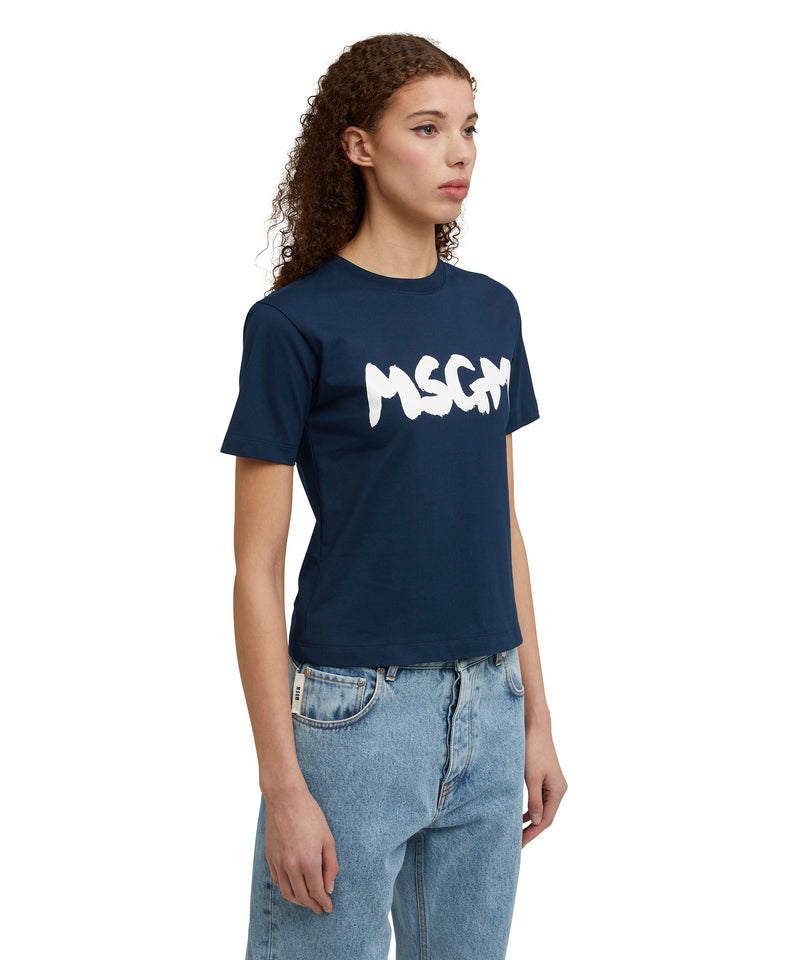 T-shirt girocollo in cotone con nuovo logo MSGM pennellato BIANCO Donna 