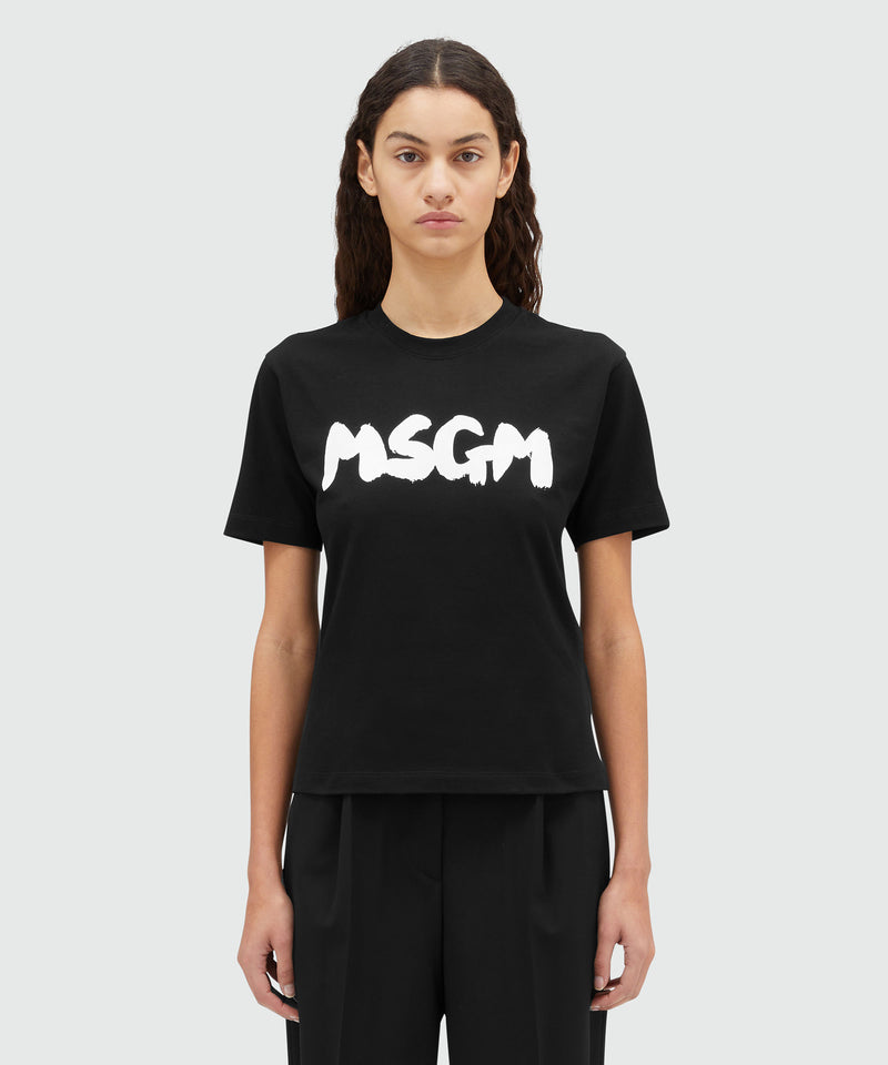 Cotton crewneck t-shirt with new MSGM brushed logo BLACK Women 