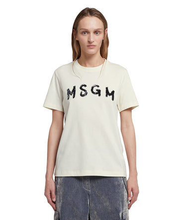 T-shirt girocollo in cotone con nuovo logo MSGM pennellato