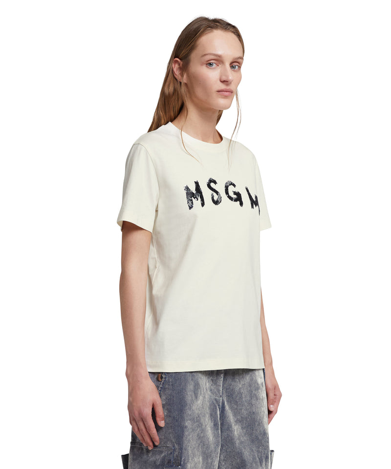 T-shirt girocollo in cotone con nuovo logo MSGM pennellato BIANCO Donna 