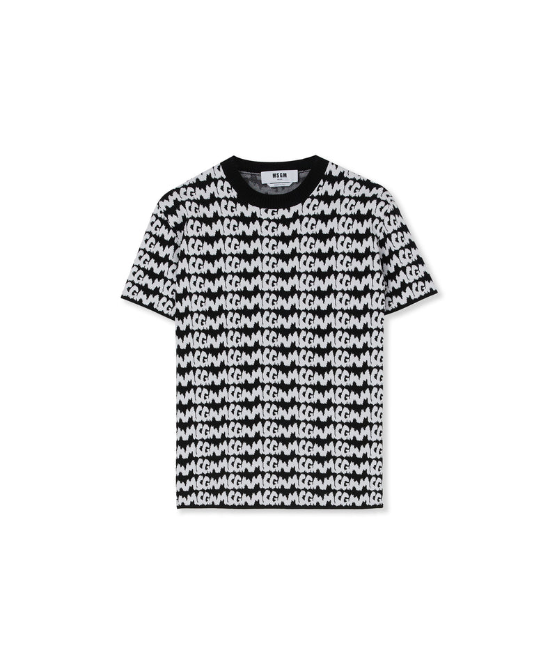 T-Shirt in maglia di viscosa con nuovo logo pennellato allover jacquard NERO Donna 