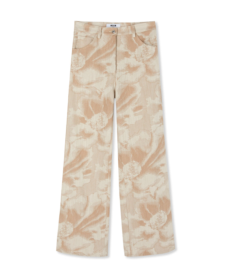 Jacquard fabric pants with 5 pockets and large daisy design BEIGE Women 
