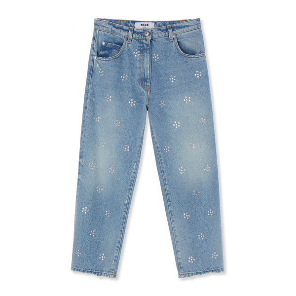 Blue denim pants wih 5 pockets and daisy rhinestone