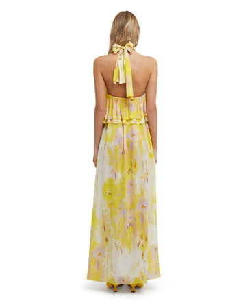 Long sleeveless dress with georgette "artsy flower" print