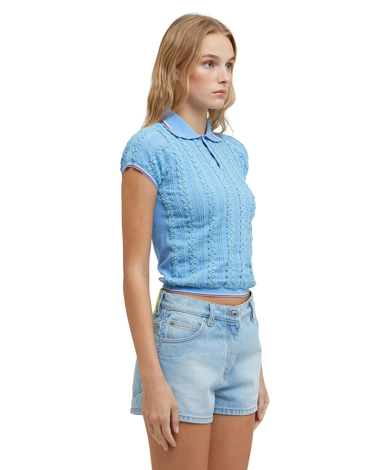 Cable-knit polo shirt in technical yarn LIGHT BLUE Women 