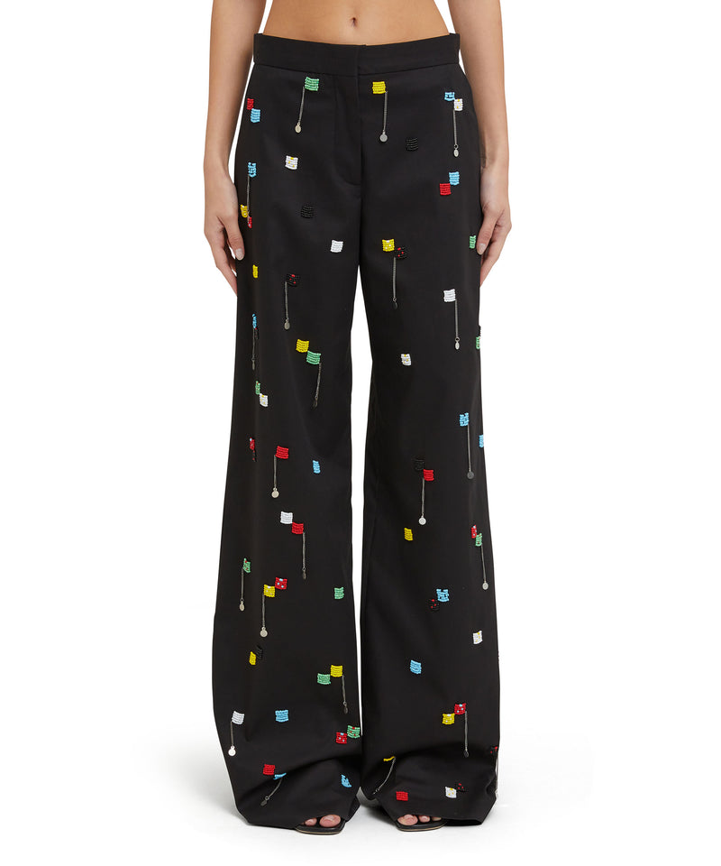 Stretch cotton gabardine roomy pants with embroidered beads BLACK Women 
