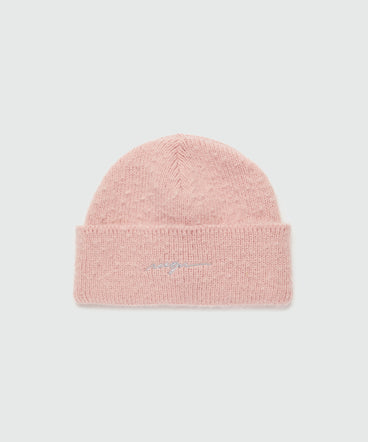 Pink watch cap with embroidered cursive logo