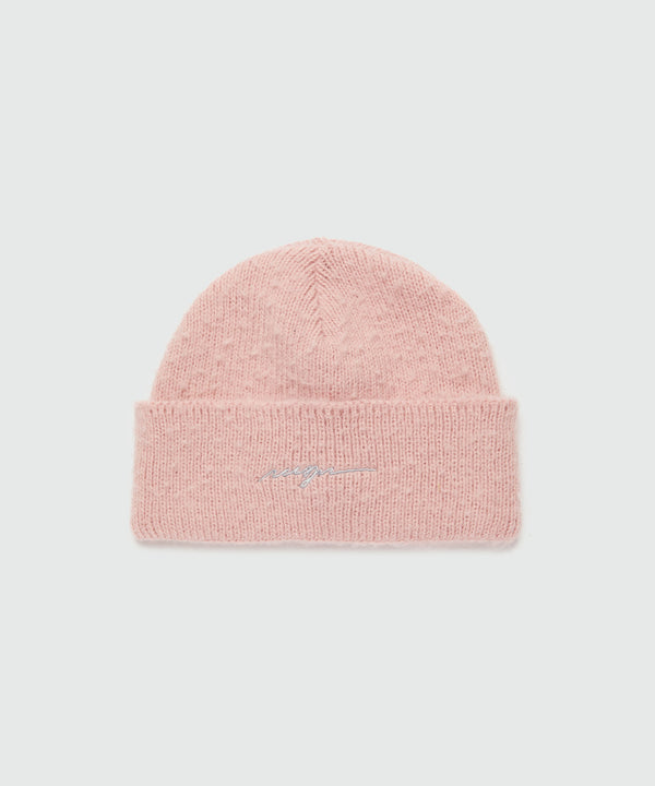 Pink watch cap with embroidered cursive logo