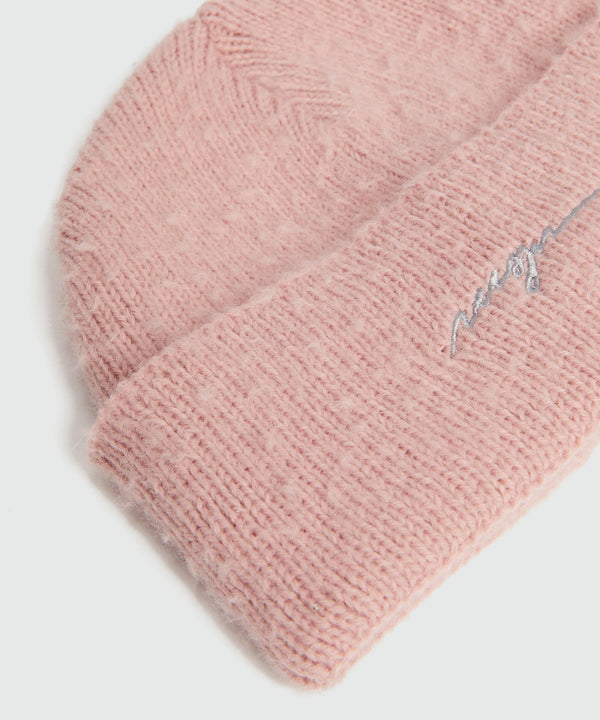 Pink watch cap with embroidered cursive logo