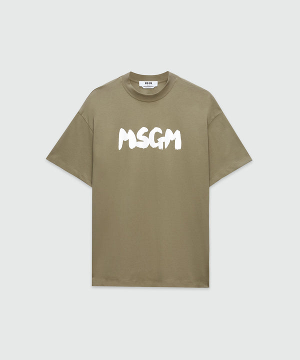 Military green jersey T-shirt with brushstroke logo