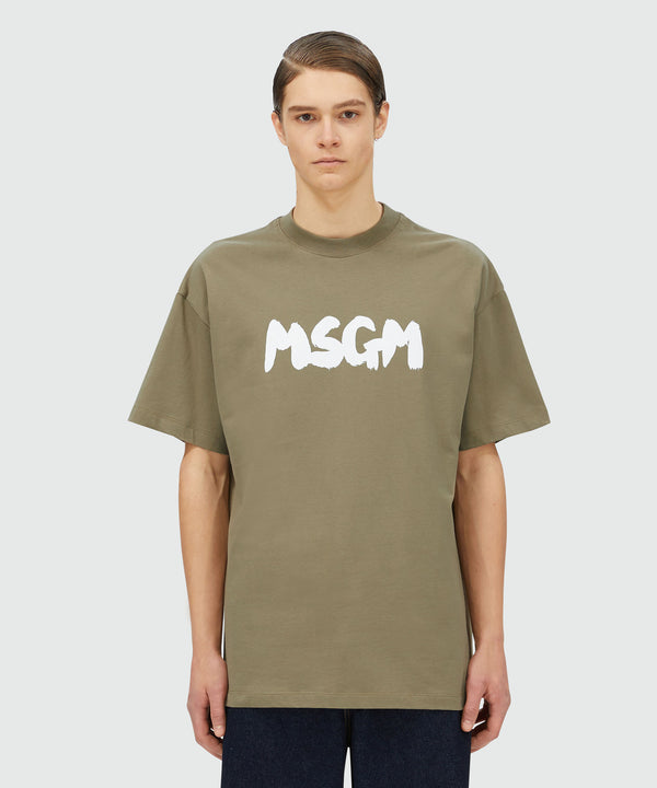 Military green jersey T-shirt with brushstroke logo