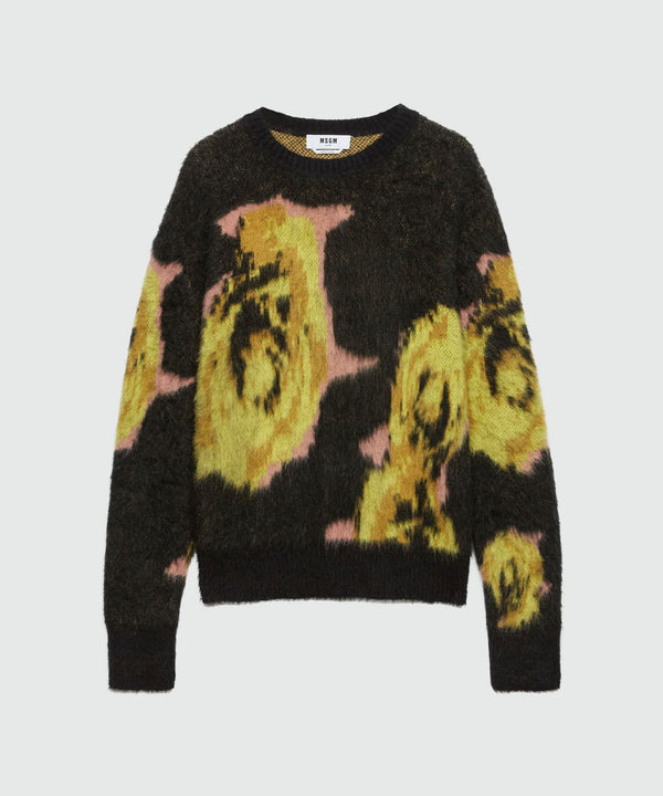 Black "Underground pixelled roses" blended wool mohair sweater