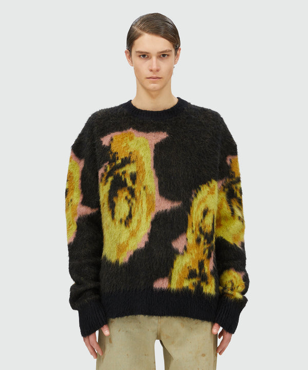 Black "Underground pixelled roses" blended wool mohair sweater