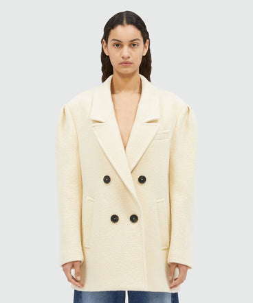 Beige double-breasted bouclé wool pea coat