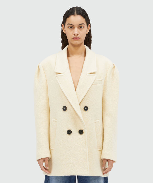 Beige double-breasted bouclé wool pea coat