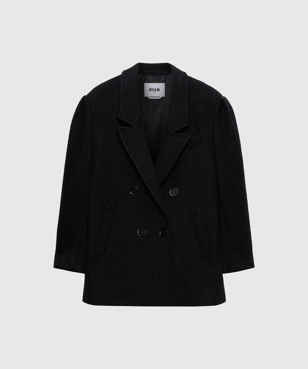 Black double-breasted bouclé wool pea coat