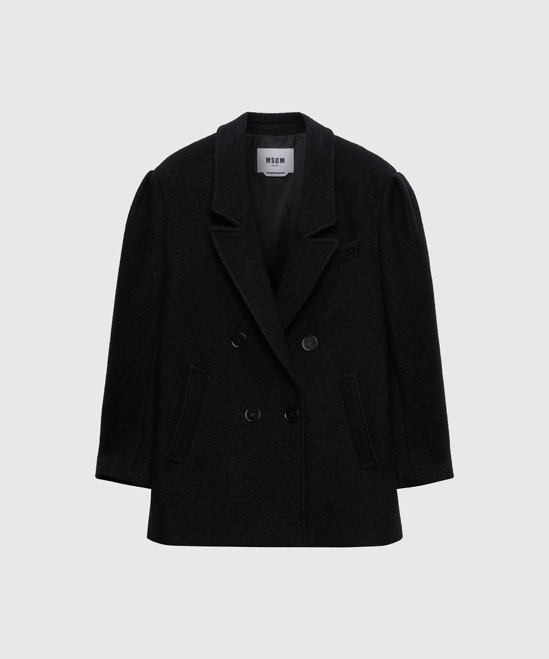 Black double breasted boucle wool pea coat