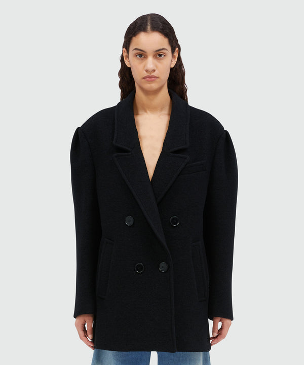 Black double-breasted bouclé wool pea coat