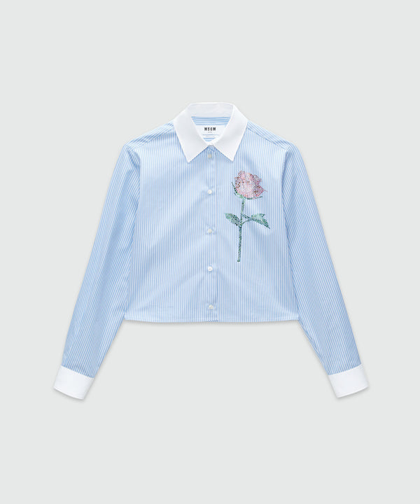 Striped poplin shirt with rhinestone rose