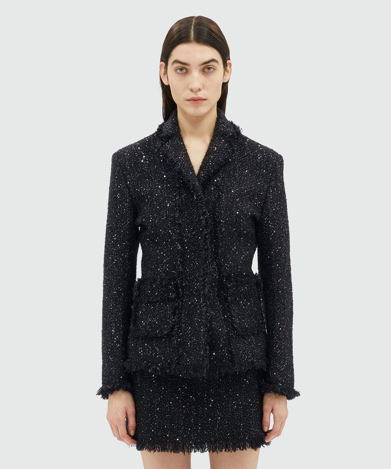 Lurex tweed jacket with fringed edges BLACK Women 