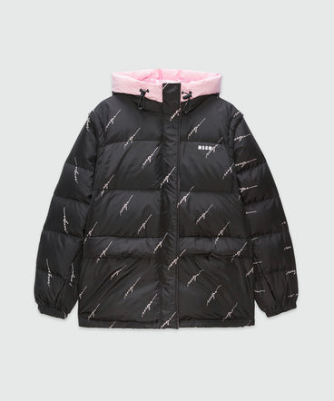 Black nylon down jacket with cursive logo