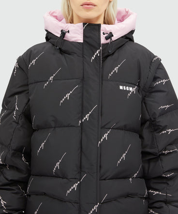 Black nylon down jacket with cursive logo