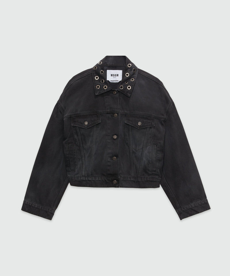 Pre-washed effect denim jacket with studs BLACK Women 