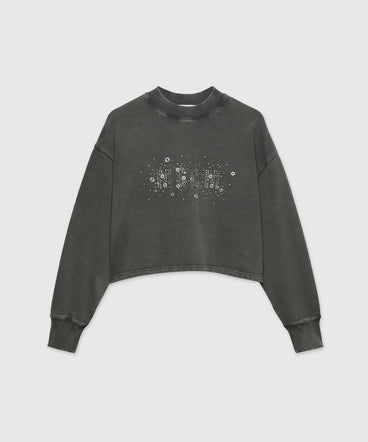 Pre-washed effect crop sweatshirt with studs