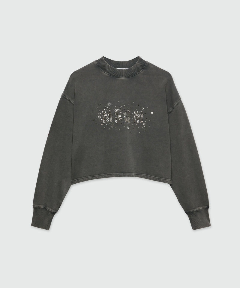 Pre-washed effect crop sweatshirt with studs BLACK Women 