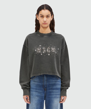 Pre-washed effect crop sweatshirt with studs