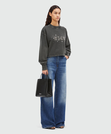 Pre-washed effect crop sweatshirt with studs